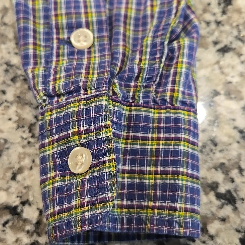 RALPH LAUREN BLUE,GREEN,YELLOW PLAID BUTTON-DOWN LONG SLEEVE W/ PONY LOGO. SZ 5.